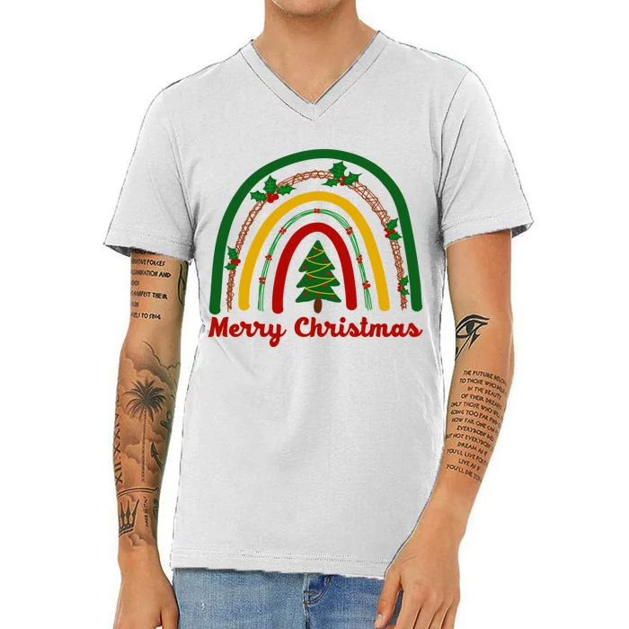 Merry Christmas Vintage Rainbow Festive V-Neck T-Shirt