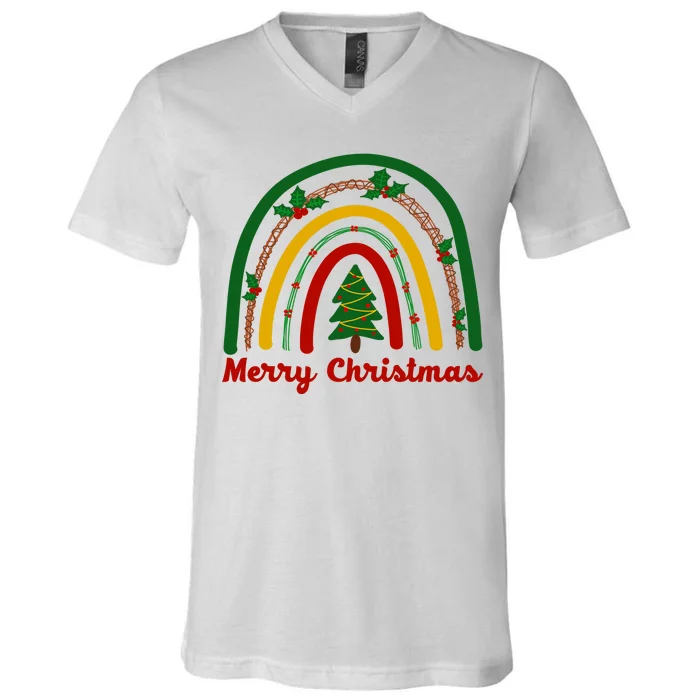 Merry Christmas Vintage Rainbow Festive V-Neck T-Shirt