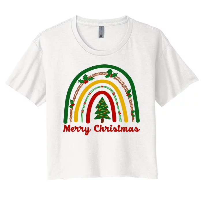 Merry Christmas Vintage Rainbow Festive Women's Crop Top Tee