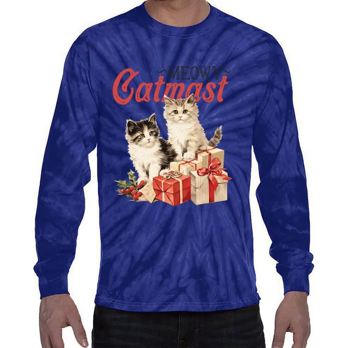 Meowy Catmas Vintage Christmas Cats Tie-Dye Long Sleeve Shirt