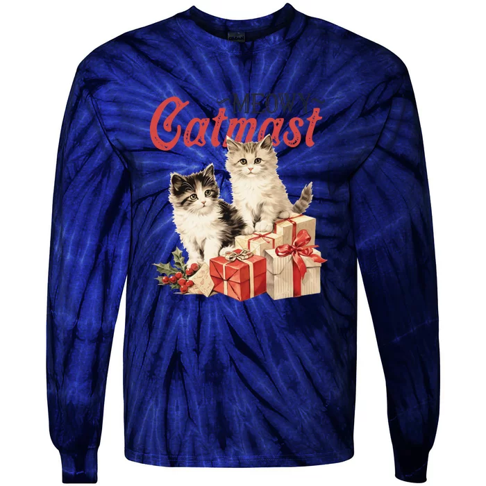 Meowy Catmas Vintage Christmas Cats Tie-Dye Long Sleeve Shirt