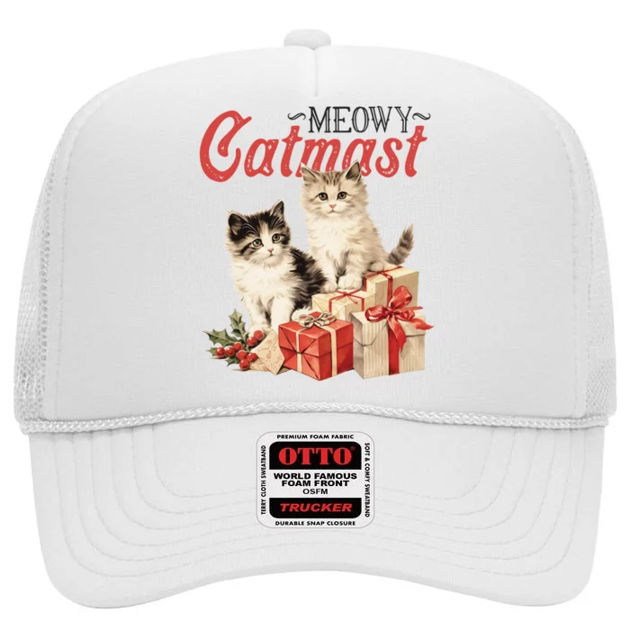 Meowy Catmas Vintage Christmas Cats High Crown Mesh Trucker Hat