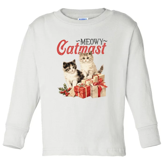 Meowy Catmas Vintage Christmas Cats Toddler Long Sleeve Shirt