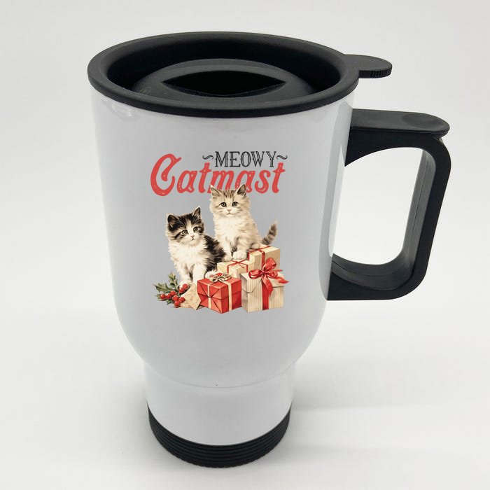 Meowy Catmas Vintage Christmas Cats Front & Back Stainless Steel Travel Mug