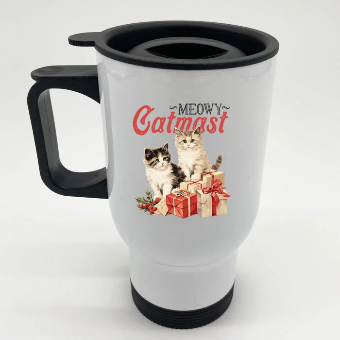 Meowy Catmas Vintage Christmas Cats Front & Back Stainless Steel Travel Mug