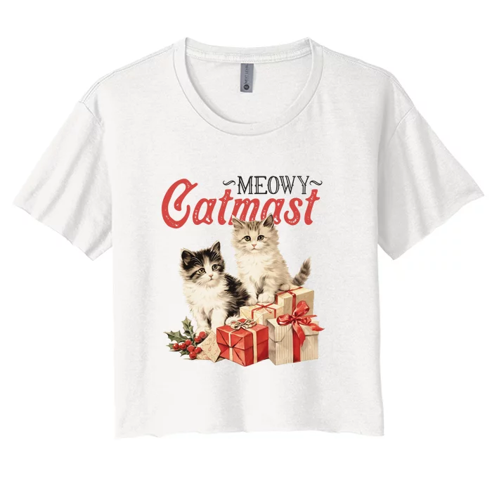 Meowy Catmas Vintage Christmas Cats Women's Crop Top Tee