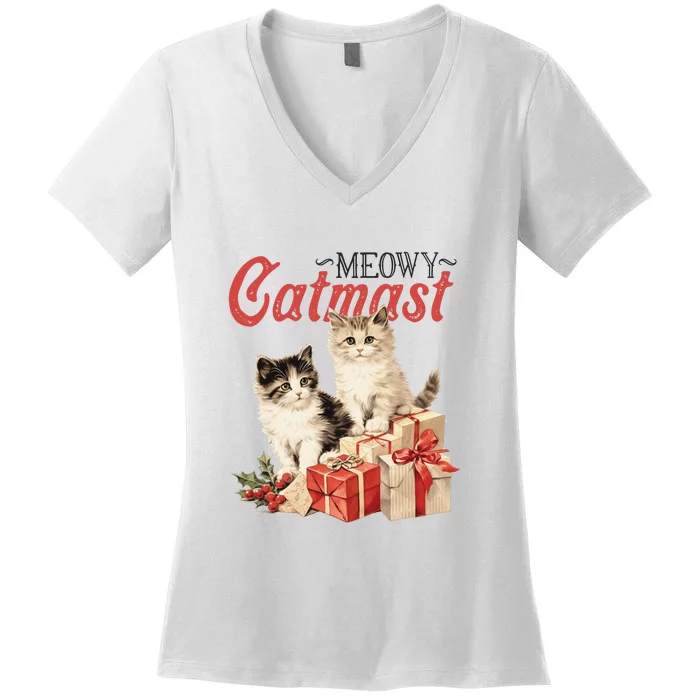 Meowy Catmas Vintage Christmas Cats Women's V-Neck T-Shirt