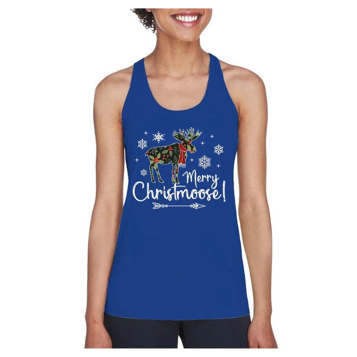 Merry Christmoose Vintage Christmas Moose Holly Snowflakes Gift Women's Racerback Tank