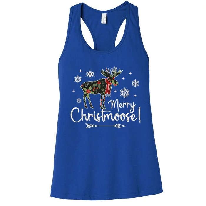 Merry Christmoose Vintage Christmas Moose Holly Snowflakes Gift Women's Racerback Tank