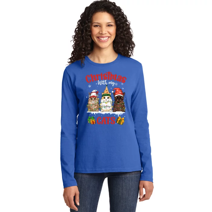 Meowy Christmas With My Cats Feline Fun Christmas Cat Gift Ladies Long Sleeve Shirt