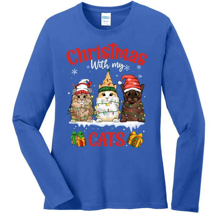 Meowy Christmas With My Cats Feline Fun Christmas Cat Gift Ladies Long Sleeve Shirt