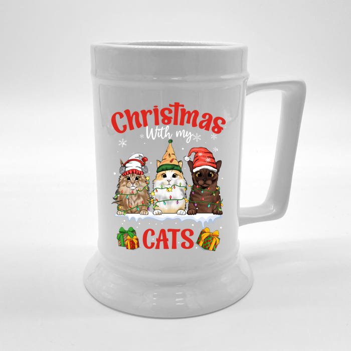 Meowy Christmas With My Cats Feline Fun Christmas Cat Gift Front & Back Beer Stein