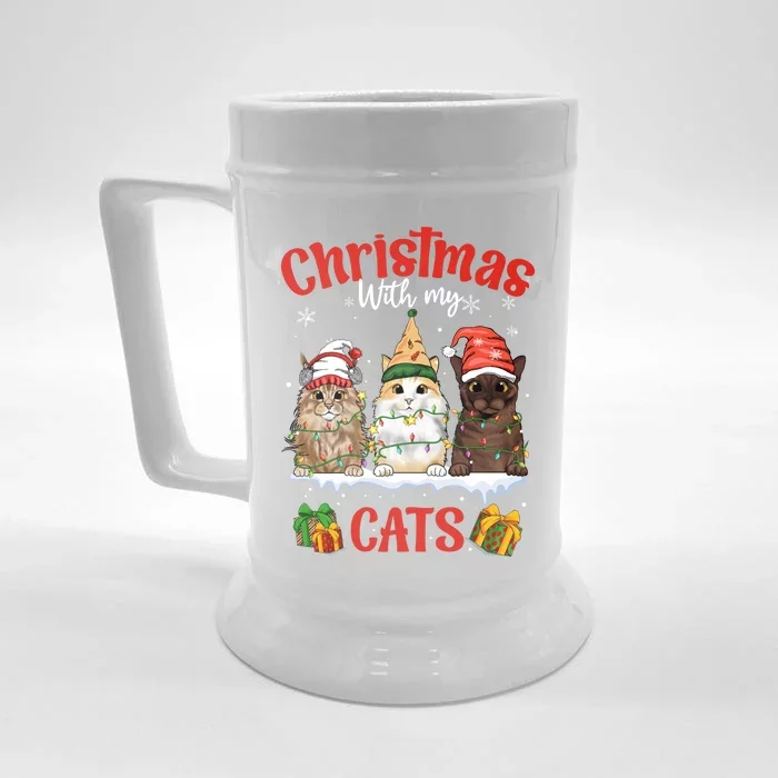 Meowy Christmas With My Cats Feline Fun Christmas Cat Gift Front & Back Beer Stein