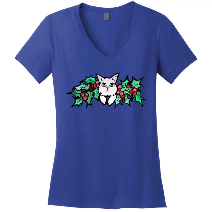 Meowy Catmas White Kitty Christmas Gift Women's V-Neck T-Shirt