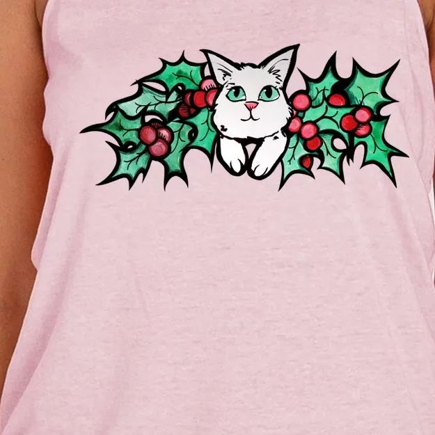 Meowy Catmas White Kitty Christmas Gift Women's Knotted Racerback Tank