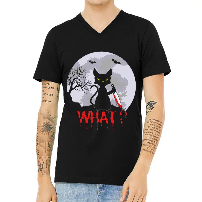 Murderous Cat With Knife Cat What Halloween Funny Cat V-Neck T-Shirt