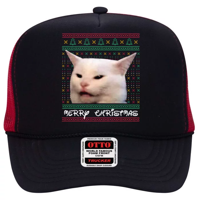 Merry Christmas With Happy Cat High Crown Mesh Trucker Hat