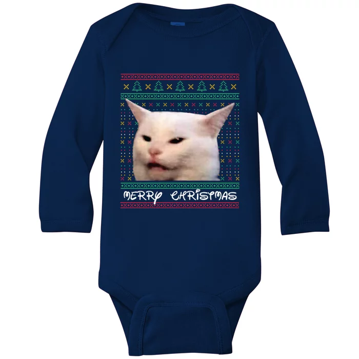 Merry Christmas With Happy Cat Baby Long Sleeve Bodysuit