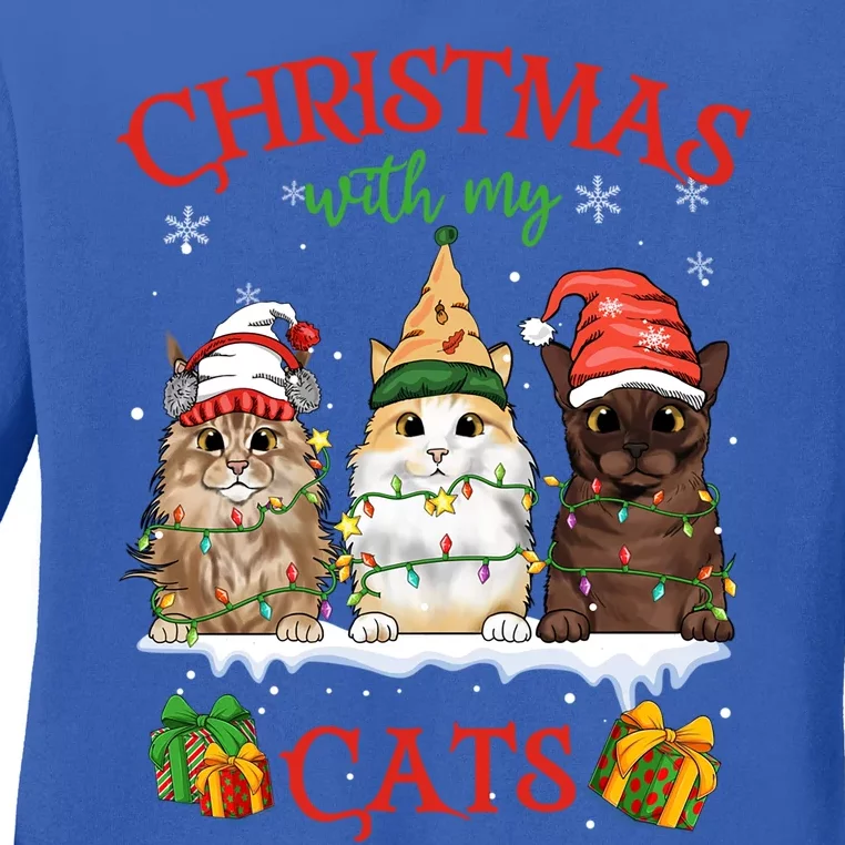 Meowy Christmas With My Cats Feline Fun Christmas Cat Gift Ladies Long Sleeve Shirt