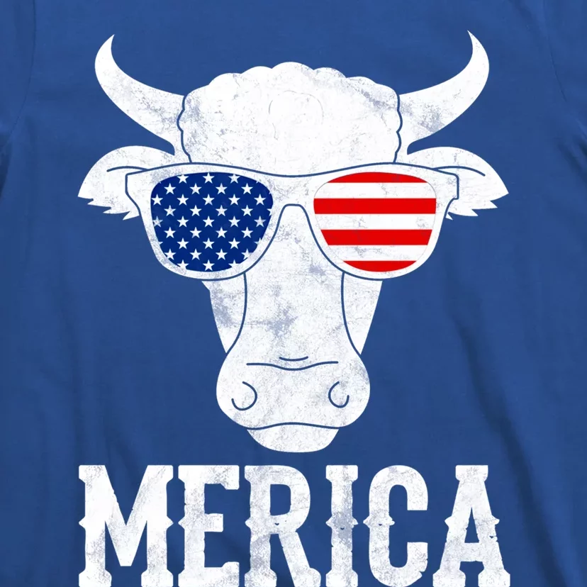 Merica Cow With Sunglasses Us Flag Patriotic Rancher Gift Great Gift T-Shirt