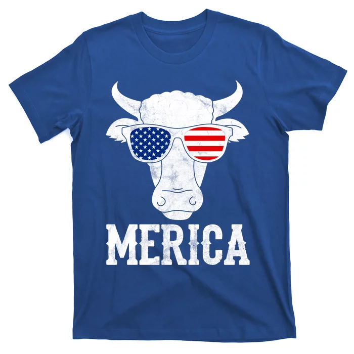 Merica Cow With Sunglasses Us Flag Patriotic Rancher Gift Great Gift T-Shirt