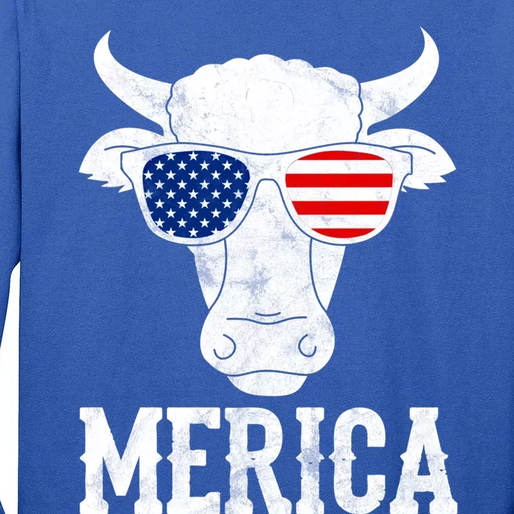 Merica Cow With Sunglasses Us Flag Patriotic Rancher Gift Great Gift Tall Long Sleeve T-Shirt