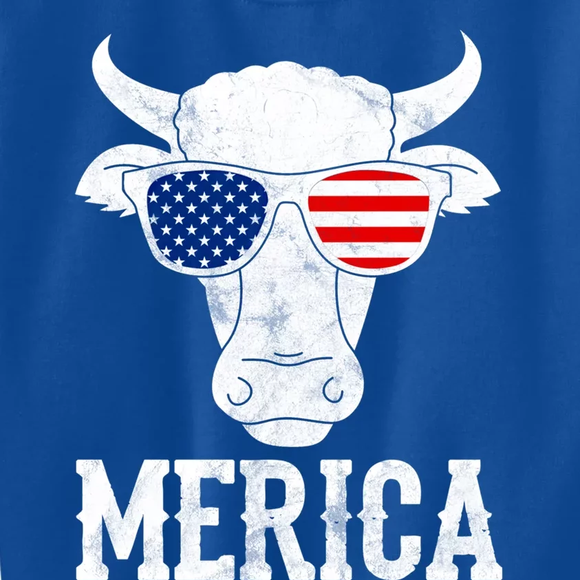 Merica Cow With Sunglasses Us Flag Patriotic Rancher Gift Great Gift Kids Sweatshirt