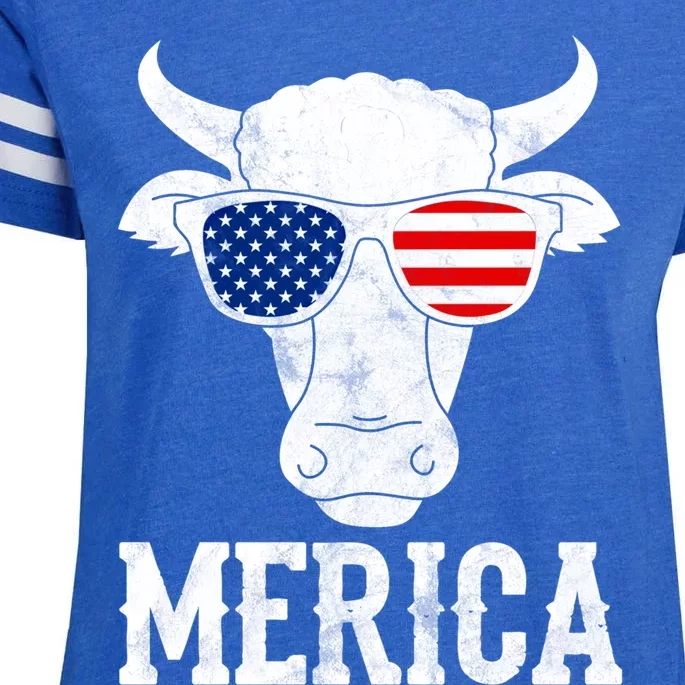 Merica Cow With Sunglasses Us Flag Patriotic Rancher Gift Great Gift Enza Ladies Jersey Football T-Shirt