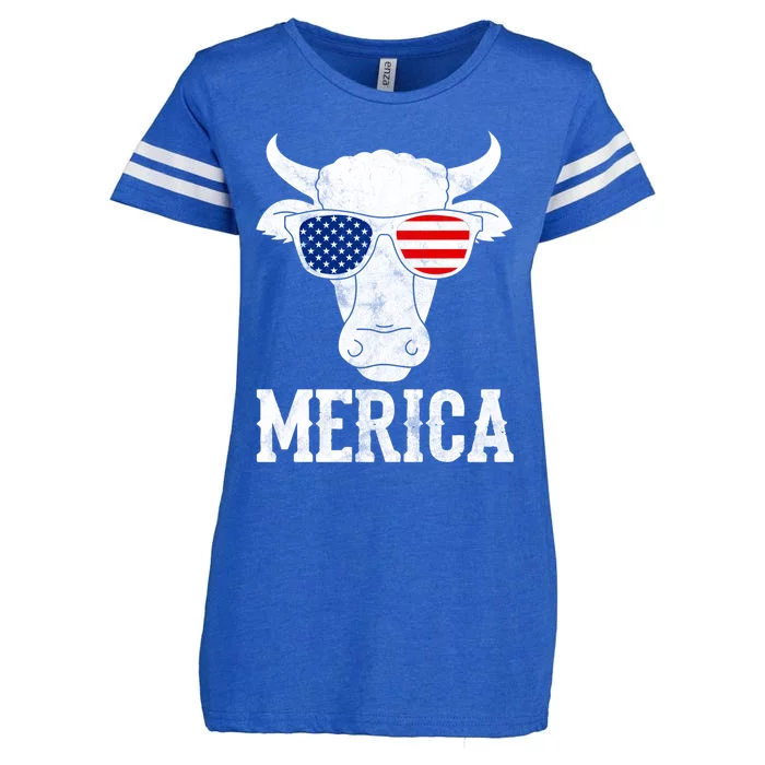 Merica Cow With Sunglasses Us Flag Patriotic Rancher Gift Great Gift Enza Ladies Jersey Football T-Shirt