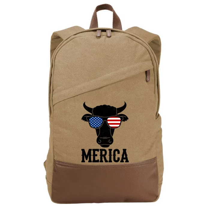 Merica Cow With Sunglasses Us Flag Patriotic Rancher Gift Cotton Canvas Backpack