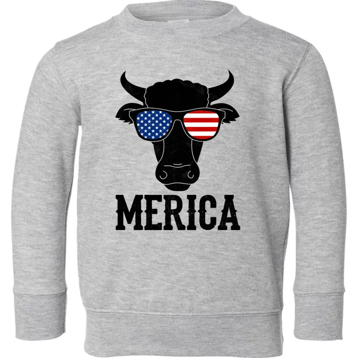 Merica Cow With Sunglasses Us Flag Patriotic Rancher Gift Toddler Sweatshirt