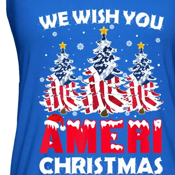 Merry Christmas We Wish You Ameri Xmas American Flag Trees Cute Gift Ladies Essential Flowy Tank