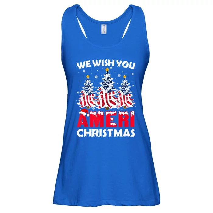 Merry Christmas We Wish You Ameri Xmas American Flag Trees Cute Gift Ladies Essential Flowy Tank