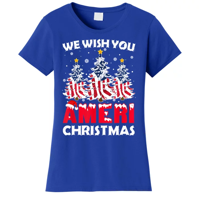 Merry Christmas We Wish You Ameri Xmas American Flag Trees Cute Gift Women's T-Shirt