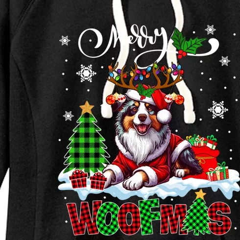 Merry Christmas Woof Australian Shepherd Cosplay Santa Cute Gift Women's Fleece Hoodie