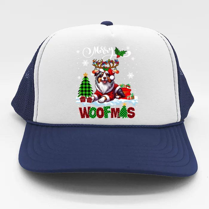 Merry Christmas Woof Australian Shepherd Cosplay Santa Cute Gift Trucker Hat