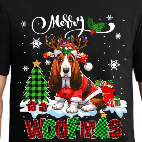 Merry Christmas Woof Basset Hound Cosplay Santa Reindeer Gift Pajama Set