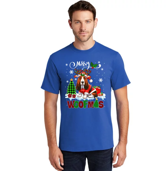 Merry Christmas Woof Basset Hound Cosplay Santa Reindeer Gift Tall T-Shirt