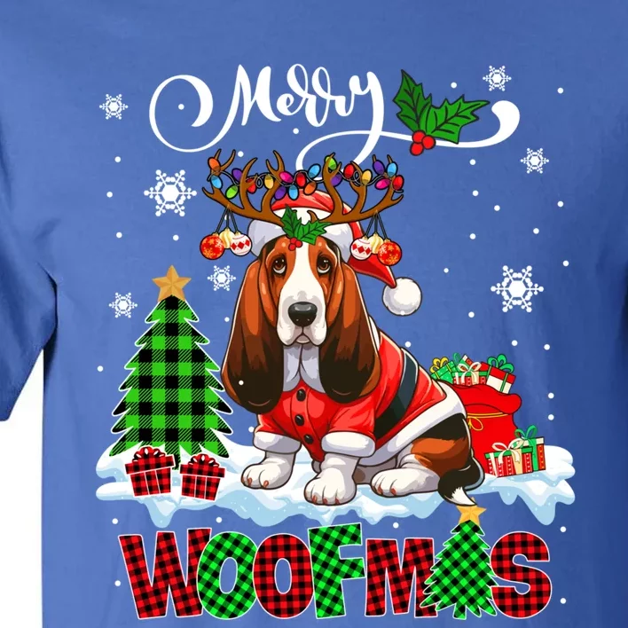 Merry Christmas Woof Basset Hound Cosplay Santa Reindeer Gift Tall T-Shirt