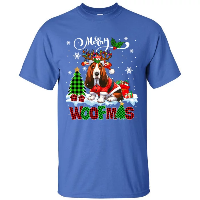 Merry Christmas Woof Basset Hound Cosplay Santa Reindeer Gift Tall T-Shirt