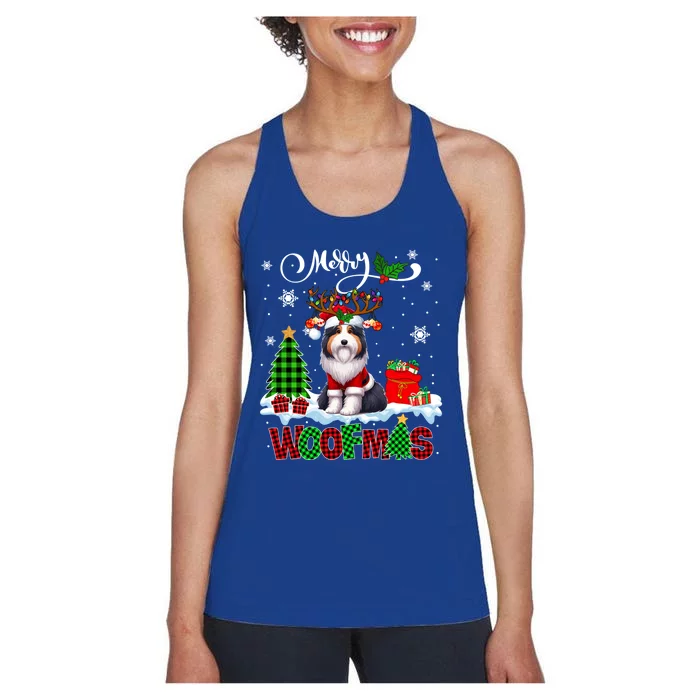 Merry Christmas Woof Bearded Collie Cosplay Santa Reindeer Gift Women's Racerback Tank