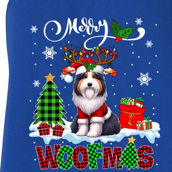 Merry Christmas Woof Bearded Collie Cosplay Santa Reindeer Gift Women's Racerback Tank