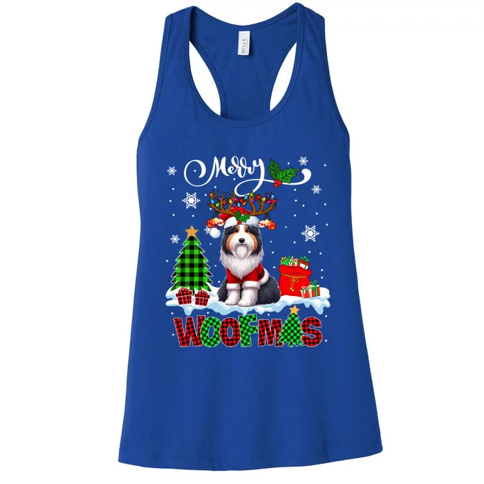 Merry Christmas Woof Bearded Collie Cosplay Santa Reindeer Gift Women's Racerback Tank