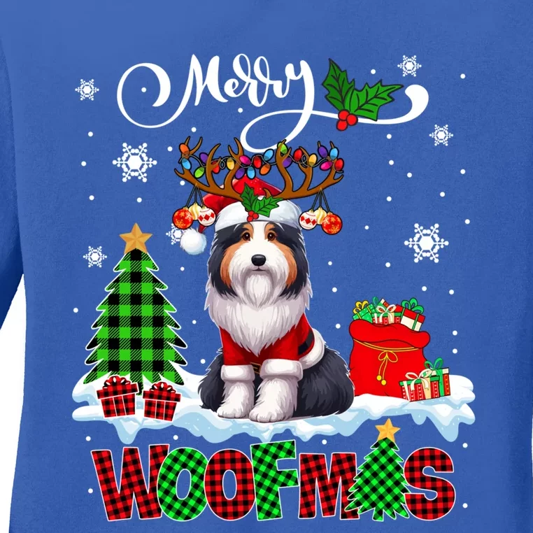 Merry Christmas Woof Bearded Collie Cosplay Santa Reindeer Gift Ladies Long Sleeve Shirt