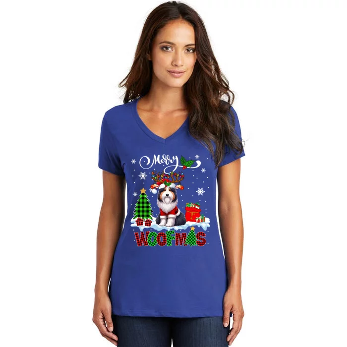 Merry Christmas Woof Bearded Collie Cosplay Santa Reindeer Gift Women's V-Neck T-Shirt