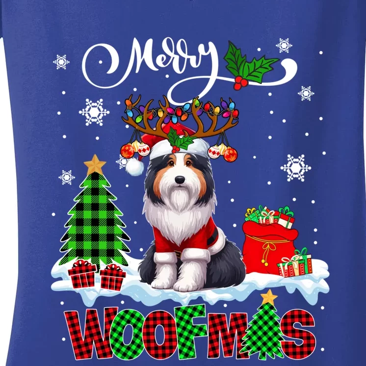 Merry Christmas Woof Bearded Collie Cosplay Santa Reindeer Gift Women's V-Neck T-Shirt