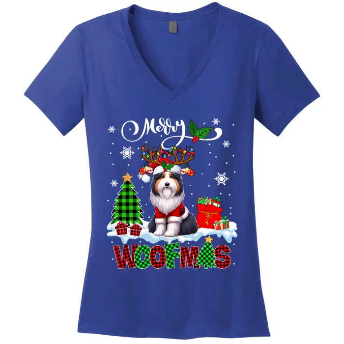 Merry Christmas Woof Bearded Collie Cosplay Santa Reindeer Gift Women's V-Neck T-Shirt