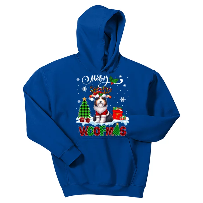 Merry Christmas Woof Bearded Collie Cosplay Santa Reindeer Gift Kids Hoodie