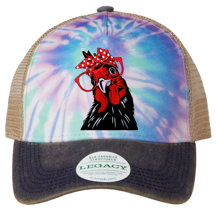 Mother Chicken With Bandana Headband And Glasses Legacy Tie Dye Trucker Hat