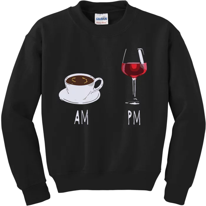 Morning Coffee Wine In The Evening Latte AM Wine PM Funny Kids Sweatshirt